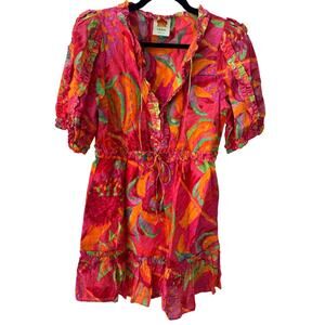 Farm Rio $200 Fruit Brush Summer Floral Cottagecore Tropical Mini Dress Size XS